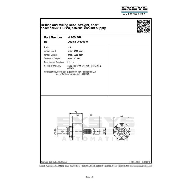 Eppinger VDI40, Okuma LVT300M, Drilling and milling head, straight, short collet chuck, ER32A 4.200.766